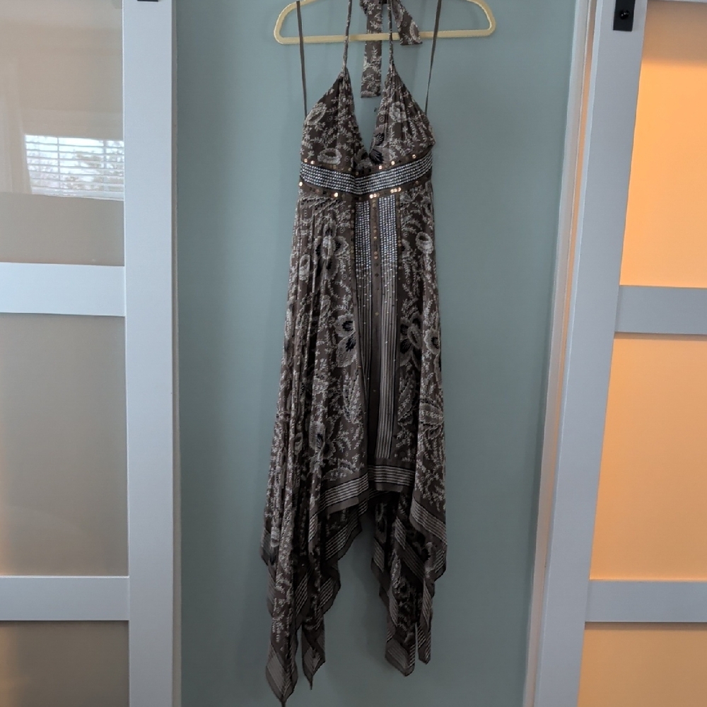 BCBGMaxAzria Asymmetrical Halter Dress in Brown and Cream